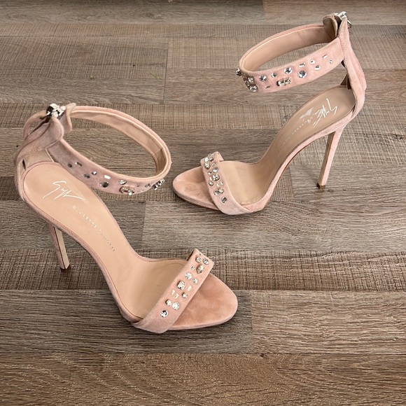 GIUSEPPE ZANOTTI Blush Pink Suede Crystal Embellish Sandal Heel - Picture 1 of 12